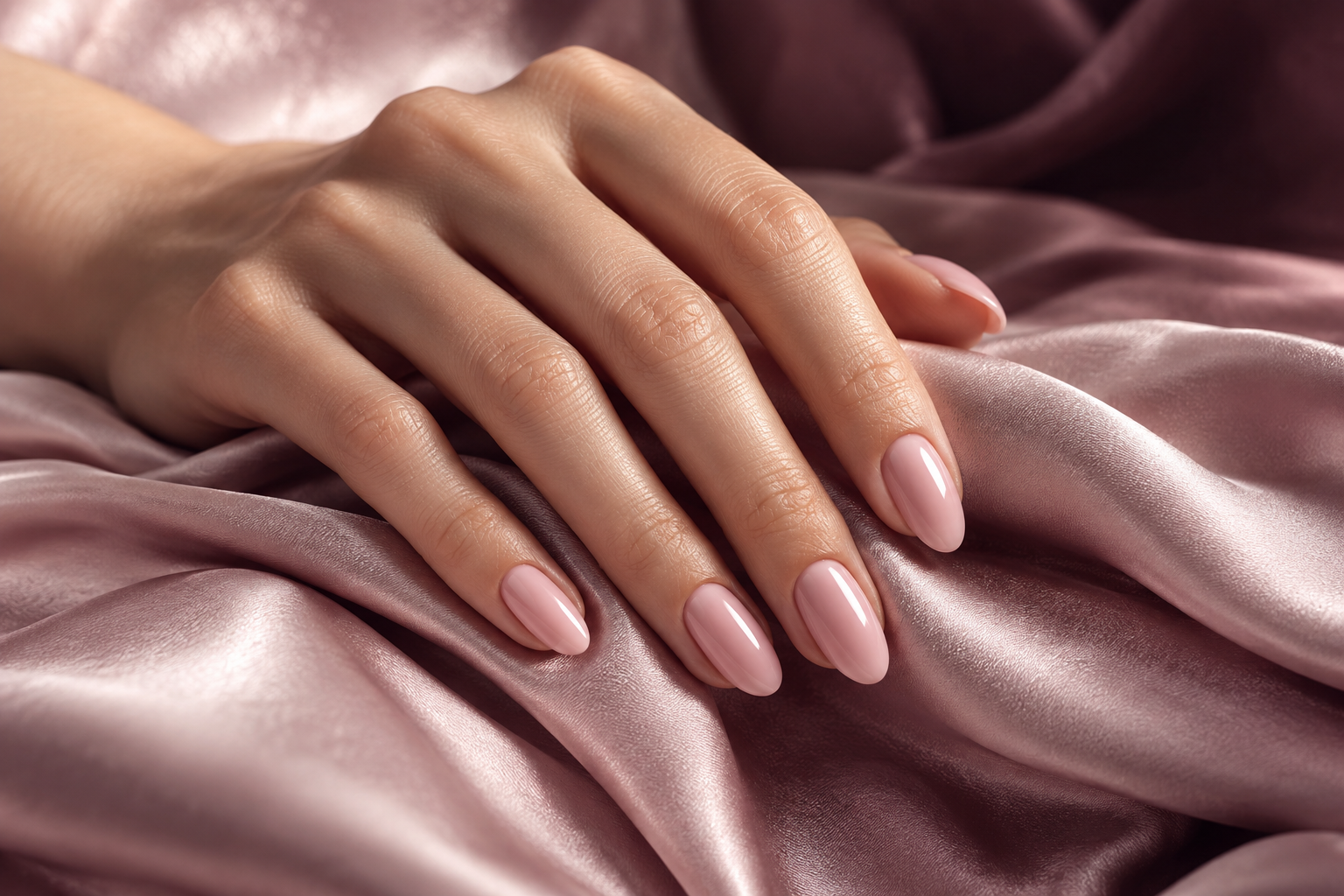 Illustrative blush manicure on softly folded pink silk